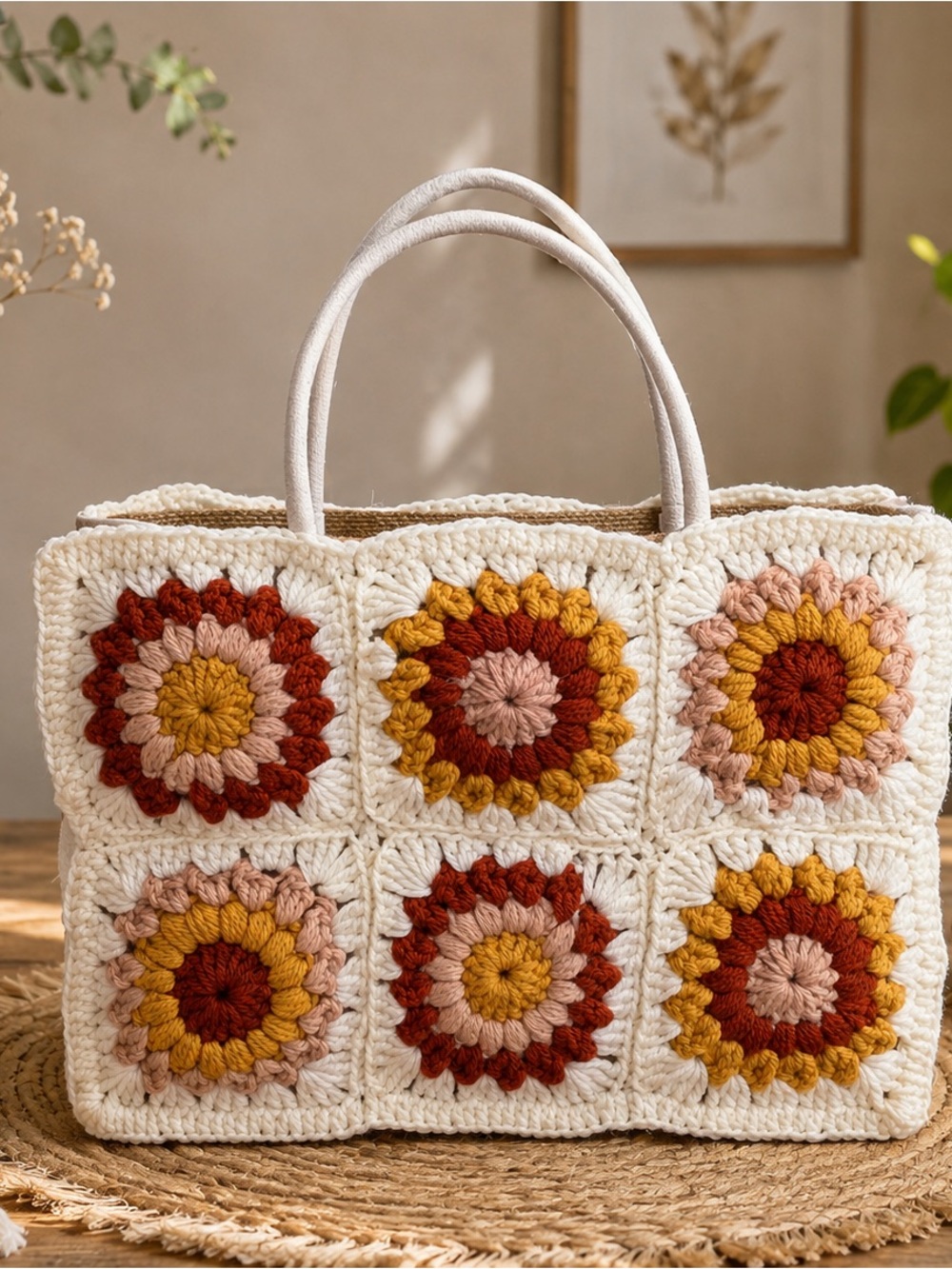 Cream Crochet Tote Bag with Autumn Floral Squares